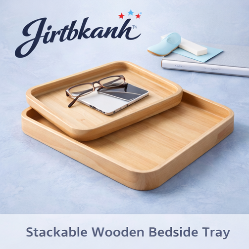Jirtbkanh™ Stackable Wooden Bedside Tray, Bedside tray, stackable tray, Jirtbkanh™ bedside storage, minimalist bedroom, wooden tray